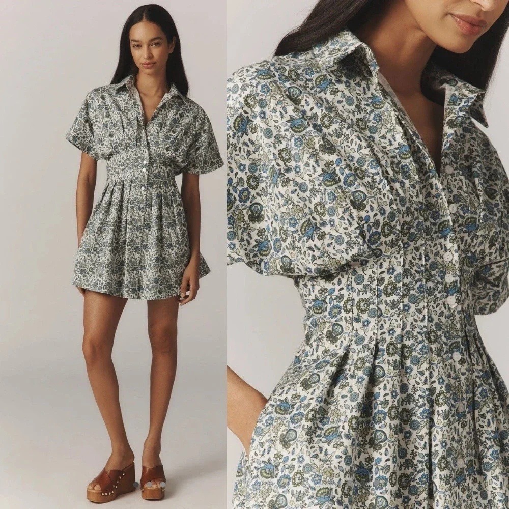 Anthropologie Exquise The Tobie Mini Shirt Dress 1X Blue Green Floral Paisley